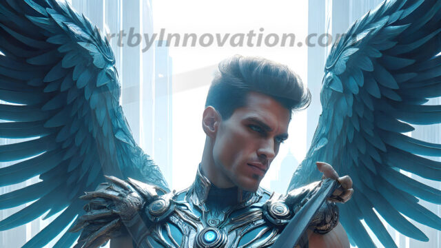 Male Angels of the Holy Divine - The Mighty & The Powerful: AI Fantasy Photos of Handsome Male Angels in Elegant Divine Armor, living in the golden city, with Vibrant Holy Wings. AI generated fantasy photos, of handsome male warrior angels, in divine armor with vibrant holy wings. Wearing ethereal or plate holy armor, and glistening golden gilded jewelry, emphasizing his god-like stature, vibrantly colored. Possessing grand feathered wings, that look like swords, these angel warriors are ready to battle on God's command. With men of all ages, races, and body types. In a city of gold, spiritual wonder city in the heavens, with ornate gold buildings, majestic gold architecture, ethereal cityscapes, and mystical waterfalls.