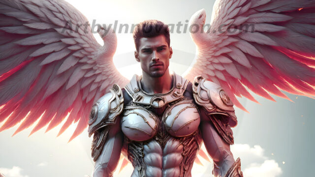 Male Angels of the Holy Divine - The Mighty & The Powerful: AI Fantasy Photos of Handsome Male Angels in Elegant Divine Armor, living in the golden city, with Vibrant Holy Wings. AI generated fantasy photos, of handsome male warrior angels, in divine armor with vibrant holy wings. Wearing ethereal or plate holy armor, and glistening golden gilded jewelry, emphasizing his god-like stature, vibrantly colored. Possessing grand feathered wings, that look like swords, these angel warriors are ready to battle on God's command. With men of all ages, races, and body types. In a city of gold, spiritual wonder city in the heavens, with ornate gold buildings, majestic gold architecture, ethereal cityscapes, and mystical waterfalls.