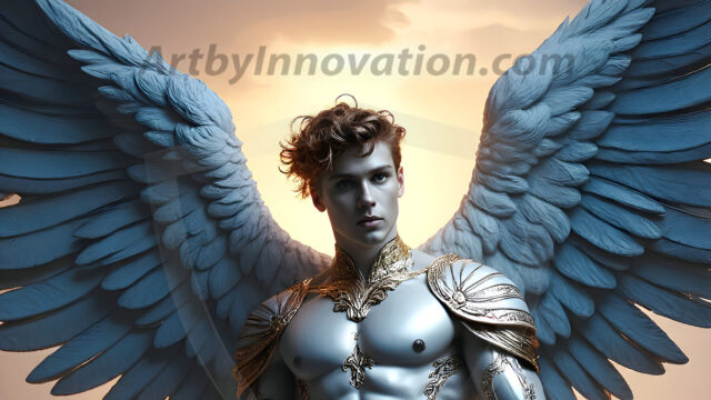 Male Angels of the Holy Divine - The Mighty & The Powerful: AI Fantasy Photos of Handsome Male Angels in Elegant Divine Armor, living in the golden city, with Vibrant Holy Wings. AI generated fantasy photos, of handsome male warrior angels, in divine armor with vibrant holy wings. Wearing ethereal or plate holy armor, and glistening golden gilded jewelry, emphasizing his god-like stature, vibrantly colored. Possessing grand feathered wings, that look like swords, these angel warriors are ready to battle on God's command. With men of all ages, races, and body types. In a city of gold, spiritual wonder city in the heavens, with ornate gold buildings, majestic gold architecture, ethereal cityscapes, and mystical waterfalls.