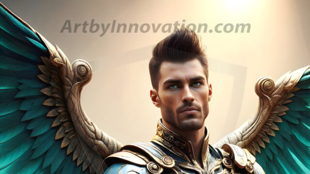 Male Angels of the Holy Divine - The Mighty & The Powerful: AI Fantasy Photos of Handsome Male Angels in Elegant Divine Armor, living in the golden city, with Vibrant Holy Wings. AI generated fantasy photos, of handsome male warrior angels, in divine armor with vibrant holy wings. Wearing ethereal or plate holy armor, and glistening golden gilded jewelry, emphasizing his god-like stature, vibrantly colored. Possessing grand feathered wings, that look like swords, these angel warriors are ready to battle on God's command. With men of all ages, races, and body types. In a city of gold, spiritual wonder city in the heavens, with ornate gold buildings, majestic gold architecture, ethereal cityscapes, and mystical waterfalls.