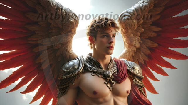 Male Angels of the Holy Divine - The Mighty & The Powerful: AI Fantasy Photos of Handsome Male Angels in Elegant Divine Armor, living in the golden city, with Vibrant Holy Wings. AI generated fantasy photos, of handsome male warrior angels, in divine armor with vibrant holy wings. Wearing ethereal or plate holy armor, and glistening golden gilded jewelry, emphasizing his god-like stature, vibrantly colored. Possessing grand feathered wings, that look like swords, these angel warriors are ready to battle on God's command. With men of all ages, races, and body types. In a city of gold, spiritual wonder city in the heavens, with ornate gold buildings, majestic gold architecture, ethereal cityscapes, and mystical waterfalls.