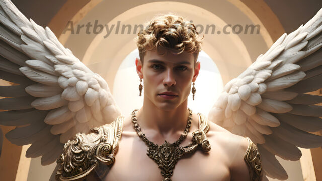 Male Angels of the Holy Divine - The Mighty & The Powerful: AI Fantasy Photos of Handsome Male Angels in Elegant Divine Armor, living in the golden city, with Vibrant Holy Wings. AI generated fantasy photos, of handsome male warrior angels, in divine armor with vibrant holy wings. Wearing ethereal or plate holy armor, and glistening golden gilded jewelry, emphasizing his god-like stature, vibrantly colored. Possessing grand feathered wings, that look like swords, these angel warriors are ready to battle on God's command. With men of all ages, races, and body types. In a city of gold, spiritual wonder city in the heavens, with ornate gold buildings, majestic gold architecture, ethereal cityscapes, and mystical waterfalls.