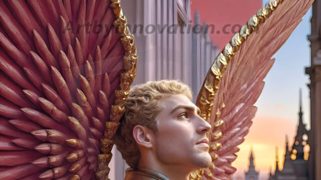 Male Angels of the Holy Divine - The Mighty & The Powerful: AI Fantasy Photos of Handsome Male Angels in Elegant Divine Armor, living in the golden city, with Vibrant Holy Wings. AI generated fantasy photos, of handsome male warrior angels, in divine armor with vibrant holy wings. Wearing ethereal or plate holy armor, and glistening golden gilded jewelry, emphasizing his god-like stature, vibrantly colored. Possessing grand feathered wings, that look like swords, these angel warriors are ready to battle on God's command. With men of all ages, races, and body types. In a city of gold, spiritual wonder city in the heavens, with ornate gold buildings, majestic gold architecture, ethereal cityscapes, and mystical waterfalls.