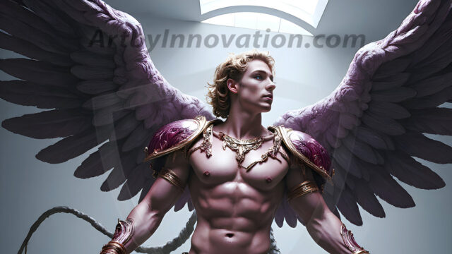Male Angels of the Holy Divine - The Mighty & The Powerful: AI Fantasy Photos of Handsome Male Angels in Elegant Divine Armor, living in the golden city, with Vibrant Holy Wings. AI generated fantasy photos, of handsome male warrior angels, in divine armor with vibrant holy wings. Wearing ethereal or plate holy armor, and glistening golden gilded jewelry, emphasizing his god-like stature, vibrantly colored. Possessing grand feathered wings, that look like swords, these angel warriors are ready to battle on God's command. With men of all ages, races, and body types. In a city of gold, spiritual wonder city in the heavens, with ornate gold buildings, majestic gold architecture, ethereal cityscapes, and mystical waterfalls.