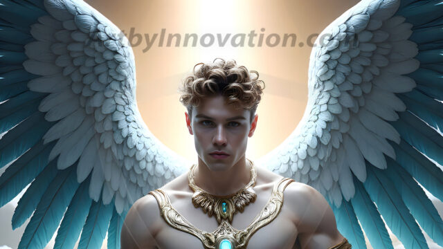 Male Angels of the Holy Divine - The Mighty & The Powerful: AI Fantasy Photos of Handsome Male Angels in Elegant Divine Armor, living in the golden city, with Vibrant Holy Wings. AI generated fantasy photos, of handsome male warrior angels, in divine armor with vibrant holy wings. Wearing ethereal or plate holy armor, and glistening golden gilded jewelry, emphasizing his god-like stature, vibrantly colored. Possessing grand feathered wings, that look like swords, these angel warriors are ready to battle on God's command. With men of all ages, races, and body types. In a city of gold, spiritual wonder city in the heavens, with ornate gold buildings, majestic gold architecture, ethereal cityscapes, and mystical waterfalls.