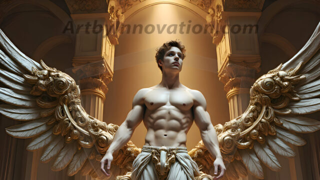 Male Angels of the Holy Divine - The Mighty & The Powerful: AI Fantasy Photos of Handsome Male Angels in Elegant Divine Armor, living in the golden city, with Vibrant Holy Wings. AI generated fantasy photos, of handsome male warrior angels, in divine armor with vibrant holy wings. Wearing ethereal or plate holy armor, and glistening golden gilded jewelry, emphasizing his god-like stature, vibrantly colored. Possessing grand feathered wings, that look like swords, these angel warriors are ready to battle on God's command. With men of all ages, races, and body types. In a city of gold, spiritual wonder city in the heavens, with ornate gold buildings, majestic gold architecture, ethereal cityscapes, and mystical waterfalls.
