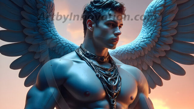 Male Angels of the Holy Divine - The Mighty & The Powerful: AI Fantasy Photos of Handsome Male Angels in Elegant Divine Armor, living in the golden city, with Vibrant Holy Wings. AI generated fantasy photos, of handsome male warrior angels, in divine armor with vibrant holy wings. Wearing ethereal or plate holy armor, and glistening golden gilded jewelry, emphasizing his god-like stature, vibrantly colored. Possessing grand feathered wings, that look like swords, these angel warriors are ready to battle on God's command. With men of all ages, races, and body types. In a city of gold, spiritual wonder city in the heavens, with ornate gold buildings, majestic gold architecture, ethereal cityscapes, and mystical waterfalls.