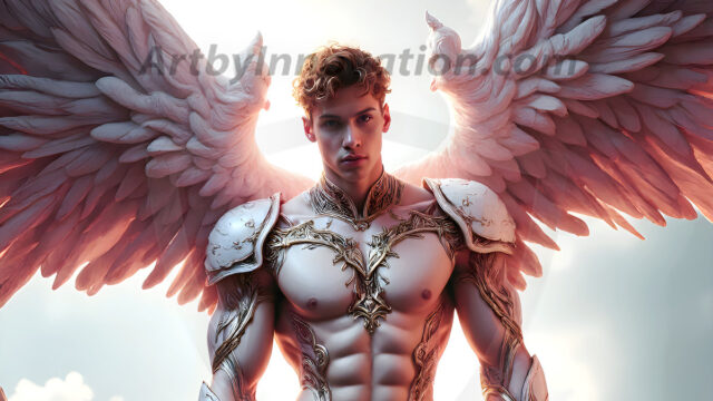 Male Angels of the Holy Divine - The Mighty & The Powerful: AI Fantasy Photos of Handsome Male Angels in Elegant Divine Armor, living in the golden city, with Vibrant Holy Wings. AI generated fantasy photos, of handsome male warrior angels, in divine armor with vibrant holy wings. Wearing ethereal or plate holy armor, and glistening golden gilded jewelry, emphasizing his god-like stature, vibrantly colored. Possessing grand feathered wings, that look like swords, these angel warriors are ready to battle on God's command. With men of all ages, races, and body types. In a city of gold, spiritual wonder city in the heavens, with ornate gold buildings, majestic gold architecture, ethereal cityscapes, and mystical waterfalls.