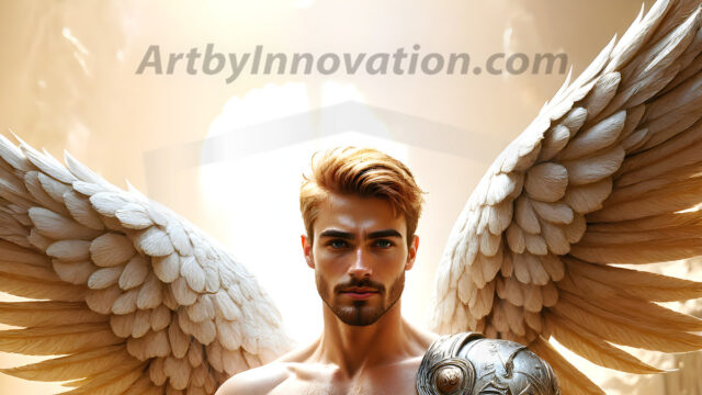 Male Angels of the Holy Divine - The Mighty & The Powerful: AI Fantasy Photos of Handsome Male Angels in Elegant Divine Armor, living in the golden city, with Vibrant Holy Wings. AI generated fantasy photos, of handsome male warrior angels, in divine armor with vibrant holy wings. Wearing ethereal or plate holy armor, and glistening golden gilded jewelry, emphasizing his god-like stature, vibrantly colored. Possessing grand feathered wings, that look like swords, these angel warriors are ready to battle on God's command. With men of all ages, races, and body types. In a city of gold, spiritual wonder city in the heavens, with ornate gold buildings, majestic gold architecture, ethereal cityscapes, and mystical waterfalls.