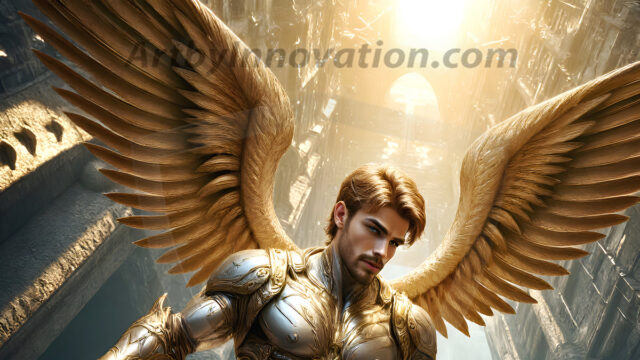 Male Angels of the Holy Divine - The Mighty & The Powerful: AI Fantasy Photos of Handsome Male Angels in Elegant Divine Armor, living in the golden city, with Vibrant Holy Wings. AI generated fantasy photos, of handsome male warrior angels, in divine armor with vibrant holy wings. Wearing ethereal or plate holy armor, and glistening golden gilded jewelry, emphasizing his god-like stature, vibrantly colored. Possessing grand feathered wings, that look like swords, these angel warriors are ready to battle on God's command. With men of all ages, races, and body types. In a city of gold, spiritual wonder city in the heavens, with ornate gold buildings, majestic gold architecture, ethereal cityscapes, and mystical waterfalls.