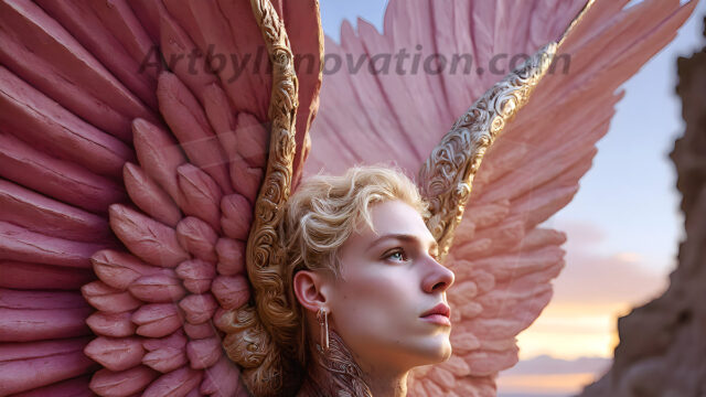 Male Angels of the Holy Divine - The Mighty & The Powerful: AI Fantasy Photos of Handsome Male Angels in Elegant Divine Armor, living in the golden city, with Vibrant Holy Wings. AI generated fantasy photos, of handsome male warrior angels, in divine armor with vibrant holy wings. Wearing ethereal or plate holy armor, and glistening golden gilded jewelry, emphasizing his god-like stature, vibrantly colored. Possessing grand feathered wings, that look like swords, these angel warriors are ready to battle on God's command. With men of all ages, races, and body types. In a city of gold, spiritual wonder city in the heavens, with ornate gold buildings, majestic gold architecture, ethereal cityscapes, and mystical waterfalls.