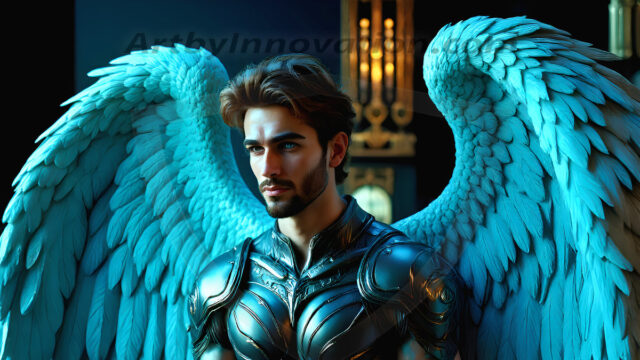 Male Angels of the Holy Divine - The Mighty & The Powerful: AI Fantasy Photos of Handsome Male Angels in Elegant Divine Armor, living in the golden city, with Vibrant Holy Wings. AI generated fantasy photos, of handsome male warrior angels, in divine armor with vibrant holy wings. Wearing ethereal or plate holy armor, and glistening golden gilded jewelry, emphasizing his god-like stature, vibrantly colored. Possessing grand feathered wings, that look like swords, these angel warriors are ready to battle on God's command. With men of all ages, races, and body types. In a city of gold, spiritual wonder city in the heavens, with ornate gold buildings, majestic gold architecture, ethereal cityscapes, and mystical waterfalls.