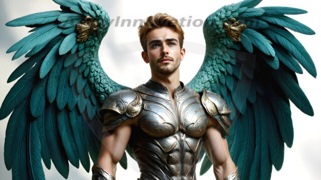 Male Angels of the Holy Divine - The Mighty & The Powerful: AI Fantasy Photos of Handsome Male Angels in Elegant Divine Armor, living in the golden city, with Vibrant Holy Wings. AI generated fantasy photos, of handsome male warrior angels, in divine armor with vibrant holy wings. Wearing ethereal or plate holy armor, and glistening golden gilded jewelry, emphasizing his god-like stature, vibrantly colored. Possessing grand feathered wings, that look like swords, these angel warriors are ready to battle on God's command. With men of all ages, races, and body types. In a city of gold, spiritual wonder city in the heavens, with ornate gold buildings, majestic gold architecture, ethereal cityscapes, and mystical waterfalls.