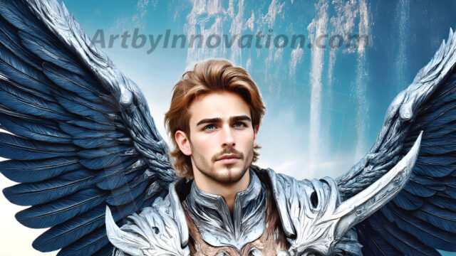 Male Angels of the Holy Divine - The Mighty & The Powerful: AI Fantasy Photos of Handsome Male Angels in Elegant Divine Armor, living in the golden city, with Vibrant Holy Wings. AI generated fantasy photos, of handsome male warrior angels, in divine armor with vibrant holy wings. Wearing ethereal or plate holy armor, and glistening golden gilded jewelry, emphasizing his god-like stature, vibrantly colored. Possessing grand feathered wings, that look like swords, these angel warriors are ready to battle on God's command. With men of all ages, races, and body types. In a city of gold, spiritual wonder city in the heavens, with ornate gold buildings, majestic gold architecture, ethereal cityscapes, and mystical waterfalls.