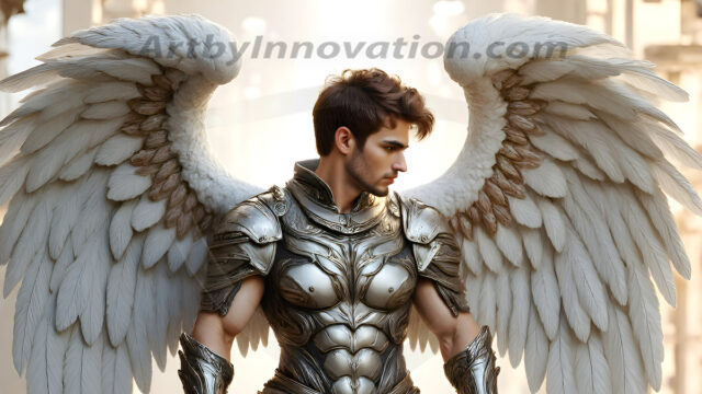Male Angels of the Holy Divine - The Mighty & The Powerful: AI Fantasy Photos of Handsome Male Angels in Elegant Divine Armor, living in the golden city, with Vibrant Holy Wings. AI generated fantasy photos, of handsome male warrior angels, in divine armor with vibrant holy wings. Wearing ethereal or plate holy armor, and glistening golden gilded jewelry, emphasizing his god-like stature, vibrantly colored. Possessing grand feathered wings, that look like swords, these angel warriors are ready to battle on God's command. With men of all ages, races, and body types. In a city of gold, spiritual wonder city in the heavens, with ornate gold buildings, majestic gold architecture, ethereal cityscapes, and mystical waterfalls.
