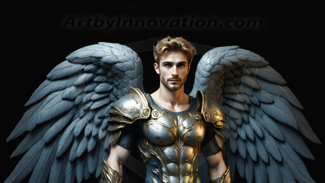 Male Angels of the Holy Divine - The Mighty & The Powerful: AI Fantasy Photos of Handsome Male Angels in Elegant Divine Armor, living in the golden city, with Vibrant Holy Wings. AI generated fantasy photos, of handsome male warrior angels, in divine armor with vibrant holy wings. Wearing ethereal or plate holy armor, and glistening golden gilded jewelry, emphasizing his god-like stature, vibrantly colored. Possessing grand feathered wings, that look like swords, these angel warriors are ready to battle on God's command. With men of all ages, races, and body types. In a city of gold, spiritual wonder city in the heavens, with ornate gold buildings, majestic gold architecture, ethereal cityscapes, and mystical waterfalls.