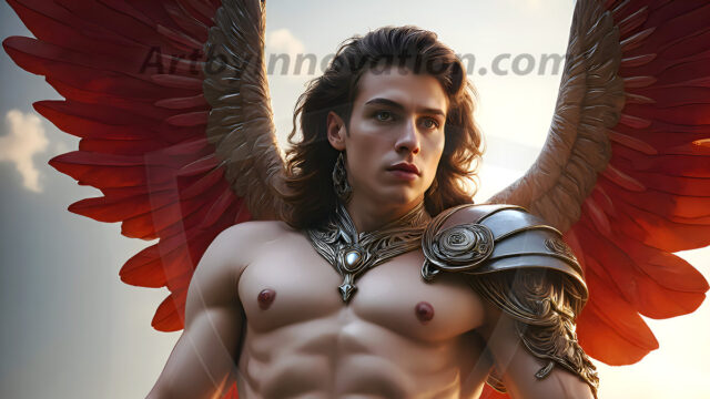 Male Angels of the Holy Divine - The Mighty & The Powerful: AI Fantasy Photos of Handsome Male Angels in Elegant Divine Armor, living in the golden city, with Vibrant Holy Wings. AI generated fantasy photos, of handsome male warrior angels, in divine armor with vibrant holy wings. Wearing ethereal or plate holy armor, and glistening golden gilded jewelry, emphasizing his god-like stature, vibrantly colored. Possessing grand feathered wings, that look like swords, these angel warriors are ready to battle on God's command. With men of all ages, races, and body types. In a city of gold, spiritual wonder city in the heavens, with ornate gold buildings, majestic gold architecture, ethereal cityscapes, and mystical waterfalls.
