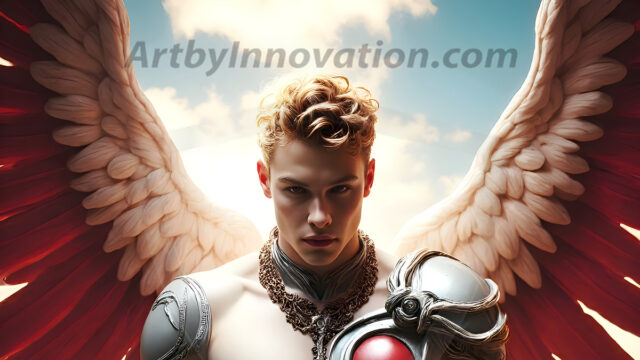 Male Angels of the Holy Divine - The Mighty & The Powerful: AI Fantasy Photos of Handsome Male Angels in Elegant Divine Armor, living in the golden city, with Vibrant Holy Wings. AI generated fantasy photos, of handsome male warrior angels, in divine armor with vibrant holy wings. Wearing ethereal or plate holy armor, and glistening golden gilded jewelry, emphasizing his god-like stature, vibrantly colored. Possessing grand feathered wings, that look like swords, these angel warriors are ready to battle on God's command. With men of all ages, races, and body types. In a city of gold, spiritual wonder city in the heavens, with ornate gold buildings, majestic gold architecture, ethereal cityscapes, and mystical waterfalls.
