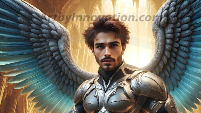 Male Angels of the Holy Divine - The Mighty & The Powerful: AI Fantasy Photos of Handsome Male Angels in Elegant Divine Armor, living in the golden city, with Vibrant Holy Wings. AI generated fantasy photos, of handsome male warrior angels, in divine armor with vibrant holy wings. Wearing ethereal or plate holy armor, and glistening golden gilded jewelry, emphasizing his god-like stature, vibrantly colored. Possessing grand feathered wings, that look like swords, these angel warriors are ready to battle on God's command. With men of all ages, races, and body types. In a city of gold, spiritual wonder city in the heavens, with ornate gold buildings, majestic gold architecture, ethereal cityscapes, and mystical waterfalls.