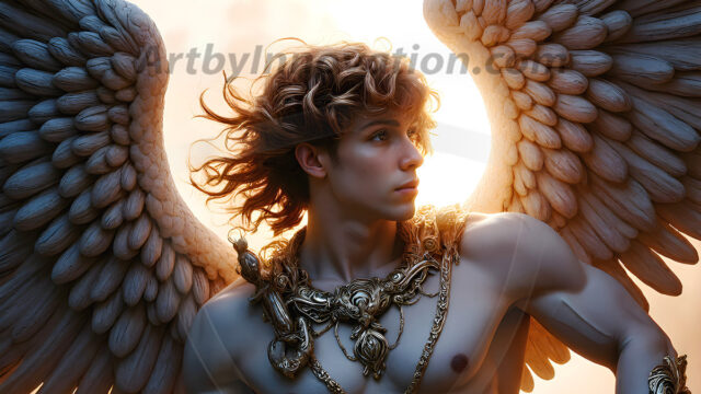 Male Angels of the Holy Divine - The Mighty & The Powerful: AI Fantasy Photos of Handsome Male Angels in Elegant Divine Armor, living in the golden city, with Vibrant Holy Wings. AI generated fantasy photos, of handsome male warrior angels, in divine armor with vibrant holy wings. Wearing ethereal or plate holy armor, and glistening golden gilded jewelry, emphasizing his god-like stature, vibrantly colored. Possessing grand feathered wings, that look like swords, these angel warriors are ready to battle on God's command. With men of all ages, races, and body types. In a city of gold, spiritual wonder city in the heavens, with ornate gold buildings, majestic gold architecture, ethereal cityscapes, and mystical waterfalls.