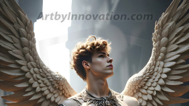 Male Angels of the Holy Divine - The Mighty & The Powerful: AI Fantasy Photos of Handsome Male Angels in Elegant Divine Armor, living in the golden city, with Vibrant Holy Wings. AI generated fantasy photos, of handsome male warrior angels, in divine armor with vibrant holy wings. Wearing ethereal or plate holy armor, and glistening golden gilded jewelry, emphasizing his god-like stature, vibrantly colored. Possessing grand feathered wings, that look like swords, these angel warriors are ready to battle on God's command. With men of all ages, races, and body types. In a city of gold, spiritual wonder city in the heavens, with ornate gold buildings, majestic gold architecture, ethereal cityscapes, and mystical waterfalls.