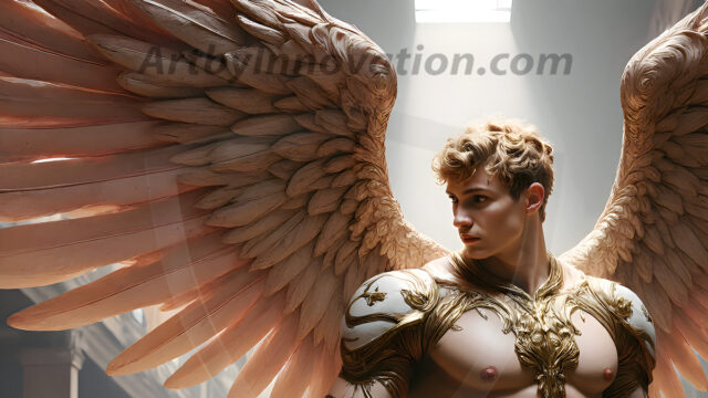 Male Angels of the Holy Divine - The Mighty & The Powerful: AI Fantasy Photos of Handsome Male Angels in Elegant Divine Armor, living in the golden city, with Vibrant Holy Wings. AI generated fantasy photos, of handsome male warrior angels, in divine armor with vibrant holy wings. Wearing ethereal or plate holy armor, and glistening golden gilded jewelry, emphasizing his god-like stature, vibrantly colored. Possessing grand feathered wings, that look like swords, these angel warriors are ready to battle on God's command. With men of all ages, races, and body types. In a city of gold, spiritual wonder city in the heavens, with ornate gold buildings, majestic gold architecture, ethereal cityscapes, and mystical waterfalls.