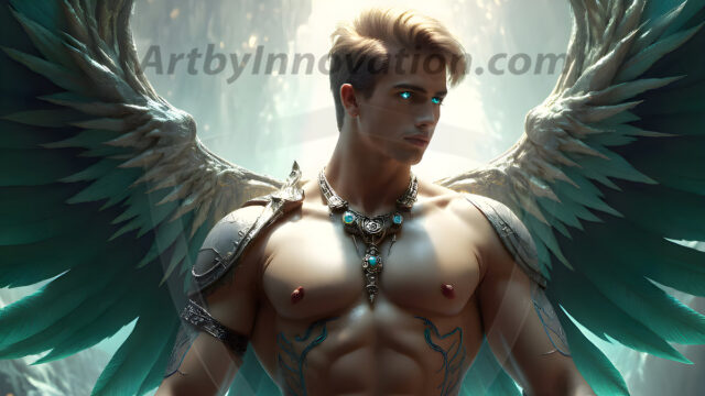 Male Angels of the Holy Divine - The Mighty & The Powerful: AI Fantasy Photos of Handsome Male Angels in Elegant Divine Armor, living in the golden city, with Vibrant Holy Wings. AI generated fantasy photos, of handsome male warrior angels, in divine armor with vibrant holy wings. Wearing ethereal or plate holy armor, and glistening golden gilded jewelry, emphasizing his god-like stature, vibrantly colored. Possessing grand feathered wings, that look like swords, these angel warriors are ready to battle on God's command. With men of all ages, races, and body types. In a city of gold, spiritual wonder city in the heavens, with ornate gold buildings, majestic gold architecture, ethereal cityscapes, and mystical waterfalls.