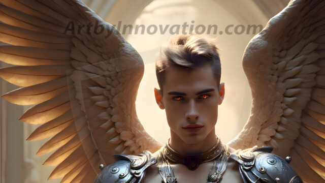 Male Angels of the Holy Divine - The Mighty & The Powerful: AI Fantasy Photos of Handsome Male Angels in Elegant Divine Armor, living in the golden city, with Vibrant Holy Wings. AI generated fantasy photos, of handsome male warrior angels, in divine armor with vibrant holy wings. Wearing ethereal or plate holy armor, and glistening golden gilded jewelry, emphasizing his god-like stature, vibrantly colored. Possessing grand feathered wings, that look like swords, these angel warriors are ready to battle on God's command. With men of all ages, races, and body types. In a city of gold, spiritual wonder city in the heavens, with ornate gold buildings, majestic gold architecture, ethereal cityscapes, and mystical waterfalls.