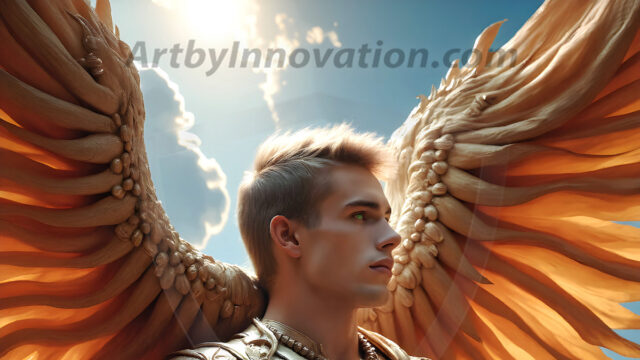 Male Angels of the Holy Divine - The Mighty & The Powerful: AI Fantasy Photos of Handsome Male Angels in Elegant Divine Armor, living in the golden city, with Vibrant Holy Wings. AI generated fantasy photos, of handsome male warrior angels, in divine armor with vibrant holy wings. Wearing ethereal or plate holy armor, and glistening golden gilded jewelry, emphasizing his god-like stature, vibrantly colored. Possessing grand feathered wings, that look like swords, these angel warriors are ready to battle on God's command. With men of all ages, races, and body types. In a city of gold, spiritual wonder city in the heavens, with ornate gold buildings, majestic gold architecture, ethereal cityscapes, and mystical waterfalls.