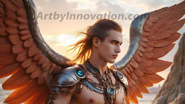 Male Angels of the Holy Divine - The Mighty & The Powerful: AI Fantasy Photos of Handsome Male Angels in Elegant Divine Armor, living in the golden city, with Vibrant Holy Wings. AI generated fantasy photos, of handsome male warrior angels, in divine armor with vibrant holy wings. Wearing ethereal or plate holy armor, and glistening golden gilded jewelry, emphasizing his god-like stature, vibrantly colored. Possessing grand feathered wings, that look like swords, these angel warriors are ready to battle on God's command. With men of all ages, races, and body types. In a city of gold, spiritual wonder city in the heavens, with ornate gold buildings, majestic gold architecture, ethereal cityscapes, and mystical waterfalls.