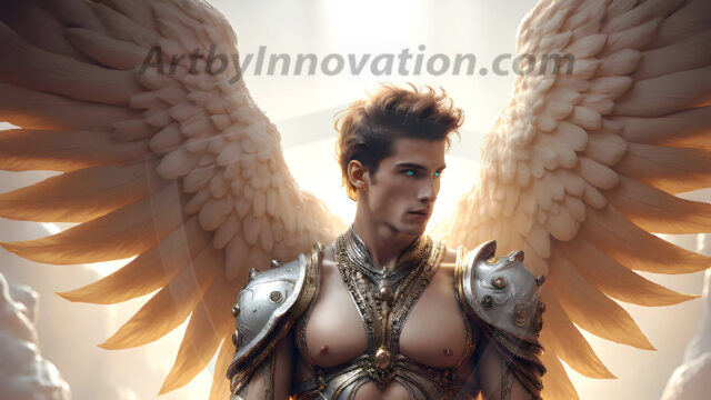 Male Angels of the Holy Divine - The Mighty & The Powerful: AI Fantasy Photos of Handsome Male Angels in Elegant Divine Armor, living in the golden city, with Vibrant Holy Wings. AI generated fantasy photos, of handsome male warrior angels, in divine armor with vibrant holy wings. Wearing ethereal or plate holy armor, and glistening golden gilded jewelry, emphasizing his god-like stature, vibrantly colored. Possessing grand feathered wings, that look like swords, these angel warriors are ready to battle on God's command. With men of all ages, races, and body types. In a city of gold, spiritual wonder city in the heavens, with ornate gold buildings, majestic gold architecture, ethereal cityscapes, and mystical waterfalls.