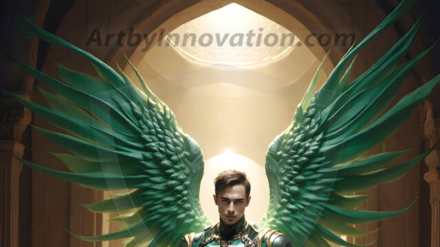 Male Angels of the Holy Divine - The Mighty & The Powerful: AI Fantasy Photos of Handsome Male Angels in Elegant Divine Armor, living in the golden city, with Vibrant Holy Wings. AI generated fantasy photos, of handsome male warrior angels, in divine armor with vibrant holy wings. Wearing ethereal or plate holy armor, and glistening golden gilded jewelry, emphasizing his god-like stature, vibrantly colored. Possessing grand feathered wings, that look like swords, these angel warriors are ready to battle on God's command. With men of all ages, races, and body types. In a city of gold, spiritual wonder city in the heavens, with ornate gold buildings, majestic gold architecture, ethereal cityscapes, and mystical waterfalls.
