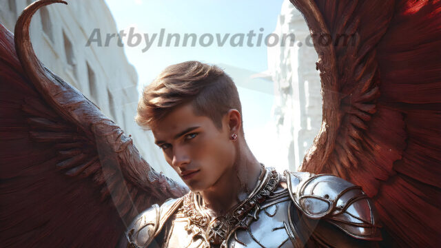 Male Angels of the Holy Divine - The Mighty & The Powerful: AI Fantasy Photos of Handsome Male Angels in Elegant Divine Armor, living in the golden city, with Vibrant Holy Wings. AI generated fantasy photos, of handsome male warrior angels, in divine armor with vibrant holy wings. Wearing ethereal or plate holy armor, and glistening golden gilded jewelry, emphasizing his god-like stature, vibrantly colored. Possessing grand feathered wings, that look like swords, these angel warriors are ready to battle on God's command. With men of all ages, races, and body types. In a city of gold, spiritual wonder city in the heavens, with ornate gold buildings, majestic gold architecture, ethereal cityscapes, and mystical waterfalls.