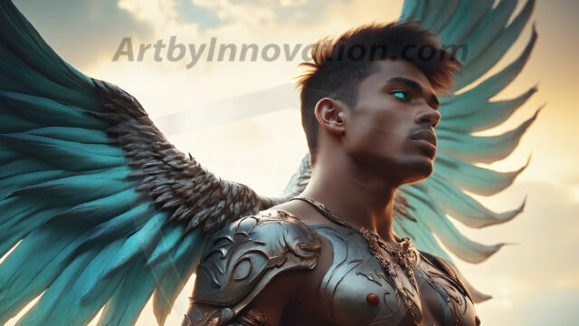 Male Angels of the Holy Divine - The Mighty & The Powerful: AI Fantasy Photos of Handsome Male Angels in Elegant Divine Armor, living in the golden city, with Vibrant Holy Wings. AI generated fantasy photos, of handsome male warrior angels, in divine armor with vibrant holy wings. Wearing ethereal or plate holy armor, and glistening golden gilded jewelry, emphasizing his god-like stature, vibrantly colored. Possessing grand feathered wings, that look like swords, these angel warriors are ready to battle on God's command. With men of all ages, races, and body types. In a city of gold, spiritual wonder city in the heavens, with ornate gold buildings, majestic gold architecture, ethereal cityscapes, and mystical waterfalls.