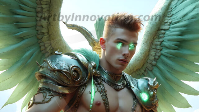 Male Angels of the Holy Divine - The Mighty & The Powerful: AI Fantasy Photos of Handsome Male Angels in Elegant Divine Armor, living in the golden city, with Vibrant Holy Wings. AI generated fantasy photos, of handsome male warrior angels, in divine armor with vibrant holy wings. Wearing ethereal or plate holy armor, and glistening golden gilded jewelry, emphasizing his god-like stature, vibrantly colored. Possessing grand feathered wings, that look like swords, these angel warriors are ready to battle on God's command. With men of all ages, races, and body types. In a city of gold, spiritual wonder city in the heavens, with ornate gold buildings, majestic gold architecture, ethereal cityscapes, and mystical waterfalls.