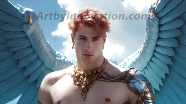 Male Angels of the Holy Divine - The Mighty & The Powerful: AI Fantasy Photos of Handsome Male Angels in Elegant Divine Armor, living in the golden city, with Vibrant Holy Wings. AI generated fantasy photos, of handsome male warrior angels, in divine armor with vibrant holy wings. Wearing ethereal or plate holy armor, and glistening golden gilded jewelry, emphasizing his god-like stature, vibrantly colored. Possessing grand feathered wings, that look like swords, these angel warriors are ready to battle on God's command. With men of all ages, races, and body types. In a city of gold, spiritual wonder city in the heavens, with ornate gold buildings, majestic gold architecture, ethereal cityscapes, and mystical waterfalls.