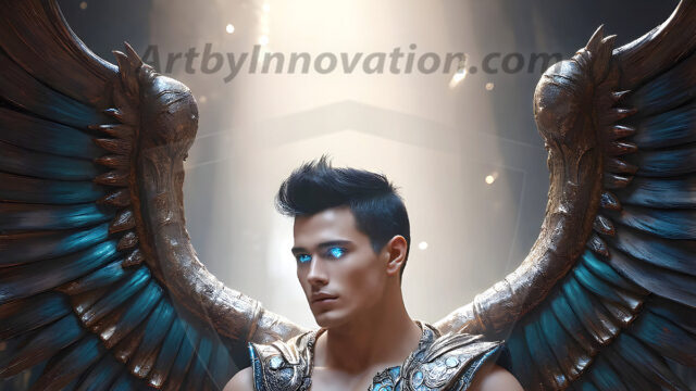 Male Angels of the Holy Divine - The Mighty & The Powerful: AI Fantasy Photos of Handsome Male Angels in Elegant Divine Armor, living in the golden city, with Vibrant Holy Wings. AI generated fantasy photos, of handsome male warrior angels, in divine armor with vibrant holy wings. Wearing ethereal or plate holy armor, and glistening golden gilded jewelry, emphasizing his god-like stature, vibrantly colored. Possessing grand feathered wings, that look like swords, these angel warriors are ready to battle on God's command. With men of all ages, races, and body types. In a city of gold, spiritual wonder city in the heavens, with ornate gold buildings, majestic gold architecture, ethereal cityscapes, and mystical waterfalls.