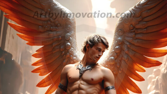 Male Angels of the Holy Divine - The Mighty & The Powerful: AI Fantasy Photos of Handsome Male Angels in Elegant Divine Armor, living in the golden city, with Vibrant Holy Wings. AI generated fantasy photos, of handsome male warrior angels, in divine armor with vibrant holy wings. Wearing ethereal or plate holy armor, and glistening golden gilded jewelry, emphasizing his god-like stature, vibrantly colored. Possessing grand feathered wings, that look like swords, these angel warriors are ready to battle on God's command. With men of all ages, races, and body types. In a city of gold, spiritual wonder city in the heavens, with ornate gold buildings, majestic gold architecture, ethereal cityscapes, and mystical waterfalls.