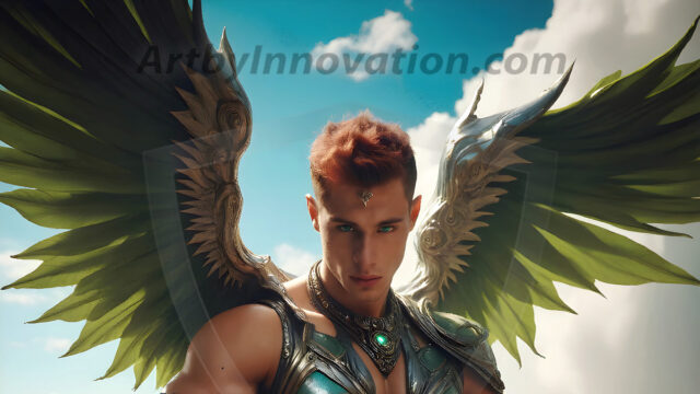 Male Angels of the Holy Divine - The Mighty & The Powerful: AI Fantasy Photos of Handsome Male Angels in Elegant Divine Armor, living in the golden city, with Vibrant Holy Wings. AI generated fantasy photos, of handsome male warrior angels, in divine armor with vibrant holy wings. Wearing ethereal or plate holy armor, and glistening golden gilded jewelry, emphasizing his god-like stature, vibrantly colored. Possessing grand feathered wings, that look like swords, these angel warriors are ready to battle on God's command. With men of all ages, races, and body types. In a city of gold, spiritual wonder city in the heavens, with ornate gold buildings, majestic gold architecture, ethereal cityscapes, and mystical waterfalls.