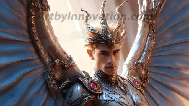 Male Angels of the Holy Divine - The Mighty & The Powerful: AI Fantasy Photos of Handsome Male Angels in Elegant Divine Armor, living in the golden city, with Vibrant Holy Wings. AI generated fantasy photos, of handsome male warrior angels, in divine armor with vibrant holy wings. Wearing ethereal or plate holy armor, and glistening golden gilded jewelry, emphasizing his god-like stature, vibrantly colored. Possessing grand feathered wings, that look like swords, these angel warriors are ready to battle on God's command. With men of all ages, races, and body types. In a city of gold, spiritual wonder city in the heavens, with ornate gold buildings, majestic gold architecture, ethereal cityscapes, and mystical waterfalls.