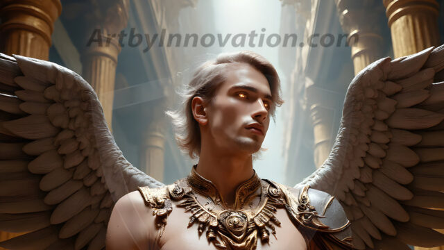 Male Angels of the Holy Divine - The Mighty & The Powerful: AI Fantasy Photos of Handsome Male Angels in Elegant Divine Armor, living in the golden city, with Vibrant Holy Wings. AI generated fantasy photos, of handsome male warrior angels, in divine armor with vibrant holy wings. Wearing ethereal or plate holy armor, and glistening golden gilded jewelry, emphasizing his god-like stature, vibrantly colored. Possessing grand feathered wings, that look like swords, these angel warriors are ready to battle on God's command. With men of all ages, races, and body types. In a city of gold, spiritual wonder city in the heavens, with ornate gold buildings, majestic gold architecture, ethereal cityscapes, and mystical waterfalls.