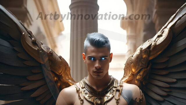 Male Angels of the Holy Divine - The Mighty & The Powerful: AI Fantasy Photos of Handsome Male Angels in Elegant Divine Armor, living in the golden city, with Vibrant Holy Wings. AI generated fantasy photos, of handsome male warrior angels, in divine armor with vibrant holy wings. Wearing ethereal or plate holy armor, and glistening golden gilded jewelry, emphasizing his god-like stature, vibrantly colored. Possessing grand feathered wings, that look like swords, these angel warriors are ready to battle on God's command. With men of all ages, races, and body types. In a city of gold, spiritual wonder city in the heavens, with ornate gold buildings, majestic gold architecture, ethereal cityscapes, and mystical waterfalls.