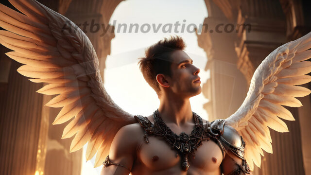 Male Angels of the Holy Divine - The Mighty & The Powerful: AI Fantasy Photos of Handsome Male Angels in Elegant Divine Armor, living in the golden city, with Vibrant Holy Wings. AI generated fantasy photos, of handsome male warrior angels, in divine armor with vibrant holy wings. Wearing ethereal or plate holy armor, and glistening golden gilded jewelry, emphasizing his god-like stature, vibrantly colored. Possessing grand feathered wings, that look like swords, these angel warriors are ready to battle on God's command. With men of all ages, races, and body types. In a city of gold, spiritual wonder city in the heavens, with ornate gold buildings, majestic gold architecture, ethereal cityscapes, and mystical waterfalls.