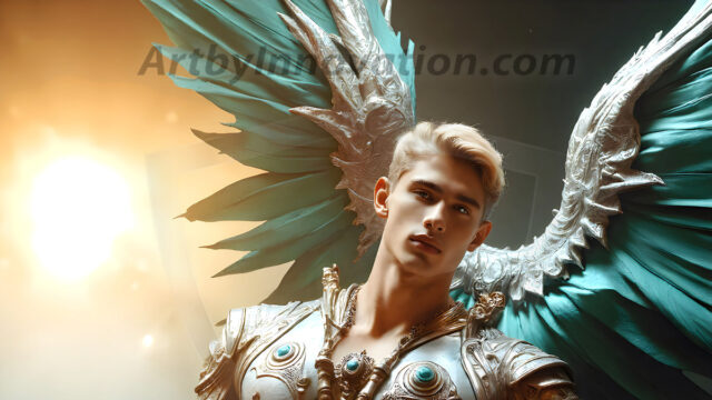 Male Angels of the Holy Divine - The Mighty & The Powerful: AI Fantasy Photos of Handsome Male Angels in Elegant Divine Armor, living in the golden city, with Vibrant Holy Wings. AI generated fantasy photos, of handsome male warrior angels, in divine armor with vibrant holy wings. Wearing ethereal or plate holy armor, and glistening golden gilded jewelry, emphasizing his god-like stature, vibrantly colored. Possessing grand feathered wings, that look like swords, these angel warriors are ready to battle on God's command. With men of all ages, races, and body types. In a city of gold, spiritual wonder city in the heavens, with ornate gold buildings, majestic gold architecture, ethereal cityscapes, and mystical waterfalls.