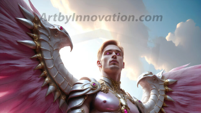 Male Angels of the Holy Divine - The Mighty & The Powerful: AI Fantasy Photos of Handsome Male Angels in Elegant Divine Armor, living in the golden city, with Vibrant Holy Wings. AI generated fantasy photos, of handsome male warrior angels, in divine armor with vibrant holy wings. Wearing ethereal or plate holy armor, and glistening golden gilded jewelry, emphasizing his god-like stature, vibrantly colored. Possessing grand feathered wings, that look like swords, these angel warriors are ready to battle on God's command. With men of all ages, races, and body types. In a city of gold, spiritual wonder city in the heavens, with ornate gold buildings, majestic gold architecture, ethereal cityscapes, and mystical waterfalls.