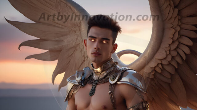 Male Angels of the Holy Divine - The Mighty & The Powerful: AI Fantasy Photos of Handsome Male Angels in Elegant Divine Armor, living in the golden city, with Vibrant Holy Wings. AI generated fantasy photos, of handsome male warrior angels, in divine armor with vibrant holy wings. Wearing ethereal or plate holy armor, and glistening golden gilded jewelry, emphasizing his god-like stature, vibrantly colored. Possessing grand feathered wings, that look like swords, these angel warriors are ready to battle on God's command. With men of all ages, races, and body types. In a city of gold, spiritual wonder city in the heavens, with ornate gold buildings, majestic gold architecture, ethereal cityscapes, and mystical waterfalls.