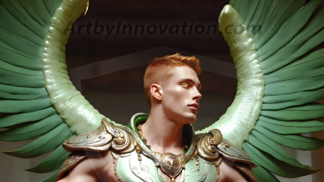 Male Angels of the Holy Divine - The Mighty & The Powerful: AI Fantasy Photos of Handsome Male Angels in Elegant Divine Armor, living in the golden city, with Vibrant Holy Wings. AI generated fantasy photos, of handsome male warrior angels, in divine armor with vibrant holy wings. Wearing ethereal or plate holy armor, and glistening golden gilded jewelry, emphasizing his god-like stature, vibrantly colored. Possessing grand feathered wings, that look like swords, these angel warriors are ready to battle on God's command. With men of all ages, races, and body types. In a city of gold, spiritual wonder city in the heavens, with ornate gold buildings, majestic gold architecture, ethereal cityscapes, and mystical waterfalls.