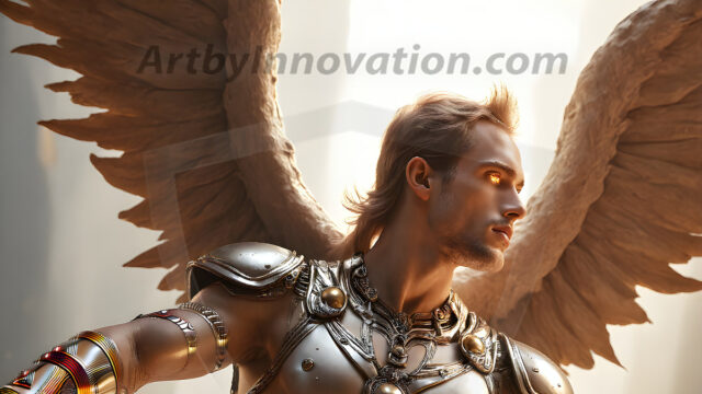 Male Angels of the Holy Divine - The Mighty & The Powerful: AI Fantasy Photos of Handsome Male Angels in Elegant Divine Armor, living in the golden city, with Vibrant Holy Wings. AI generated fantasy photos, of handsome male warrior angels, in divine armor with vibrant holy wings. Wearing ethereal or plate holy armor, and glistening golden gilded jewelry, emphasizing his god-like stature, vibrantly colored. Possessing grand feathered wings, that look like swords, these angel warriors are ready to battle on God's command. With men of all ages, races, and body types. In a city of gold, spiritual wonder city in the heavens, with ornate gold buildings, majestic gold architecture, ethereal cityscapes, and mystical waterfalls.