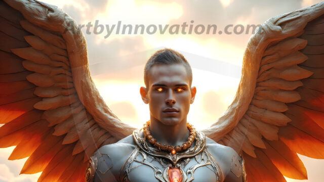 Male Angels of the Holy Divine - The Mighty & The Powerful: AI Fantasy Photos of Handsome Male Angels in Elegant Divine Armor, living in the golden city, with Vibrant Holy Wings. AI generated fantasy photos, of handsome male warrior angels, in divine armor with vibrant holy wings. Wearing ethereal or plate holy armor, and glistening golden gilded jewelry, emphasizing his god-like stature, vibrantly colored. Possessing grand feathered wings, that look like swords, these angel warriors are ready to battle on God's command. With men of all ages, races, and body types. In a city of gold, spiritual wonder city in the heavens, with ornate gold buildings, majestic gold architecture, ethereal cityscapes, and mystical waterfalls.