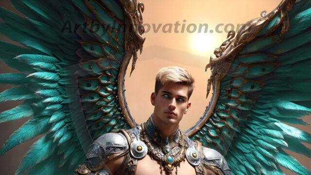 Male Angels of the Holy Divine - The Mighty & The Powerful: AI Fantasy Photos of Handsome Male Angels in Elegant Divine Armor, living in the golden city, with Vibrant Holy Wings. AI generated fantasy photos, of handsome male warrior angels, in divine armor with vibrant holy wings. Wearing ethereal or plate holy armor, and glistening golden gilded jewelry, emphasizing his god-like stature, vibrantly colored. Possessing grand feathered wings, that look like swords, these angel warriors are ready to battle on God's command. With men of all ages, races, and body types. In a city of gold, spiritual wonder city in the heavens, with ornate gold buildings, majestic gold architecture, ethereal cityscapes, and mystical waterfalls.